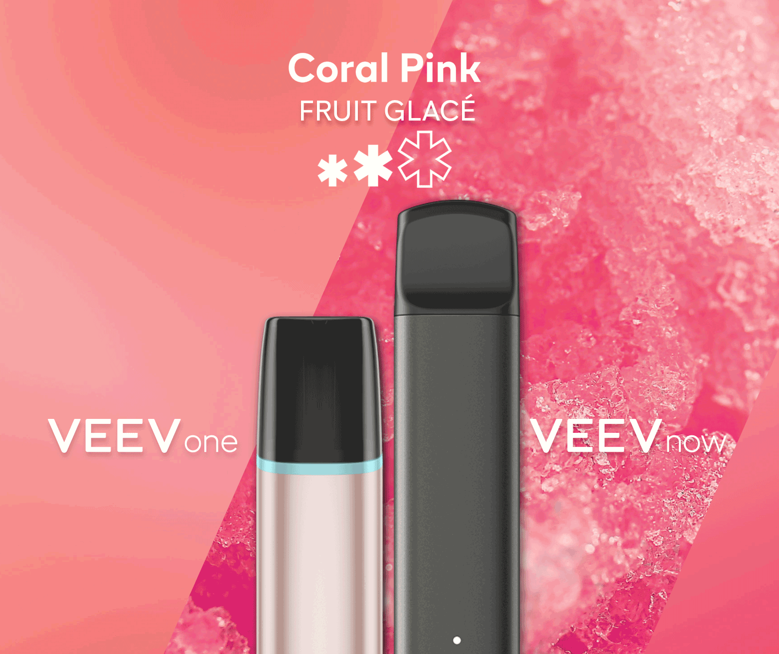 Un appareil à capsule VEEV ONE et un appareil jetable VEEV NOW, tous deux en saveur Coral Pink.