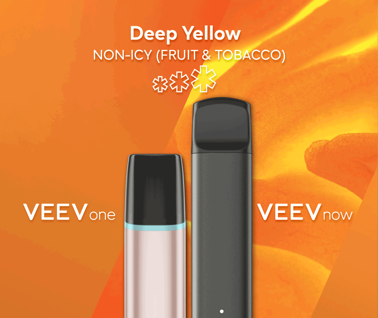 A VEEV ONE pod device and VEEV NOW disposable, both in  Deep Yellow flavour.