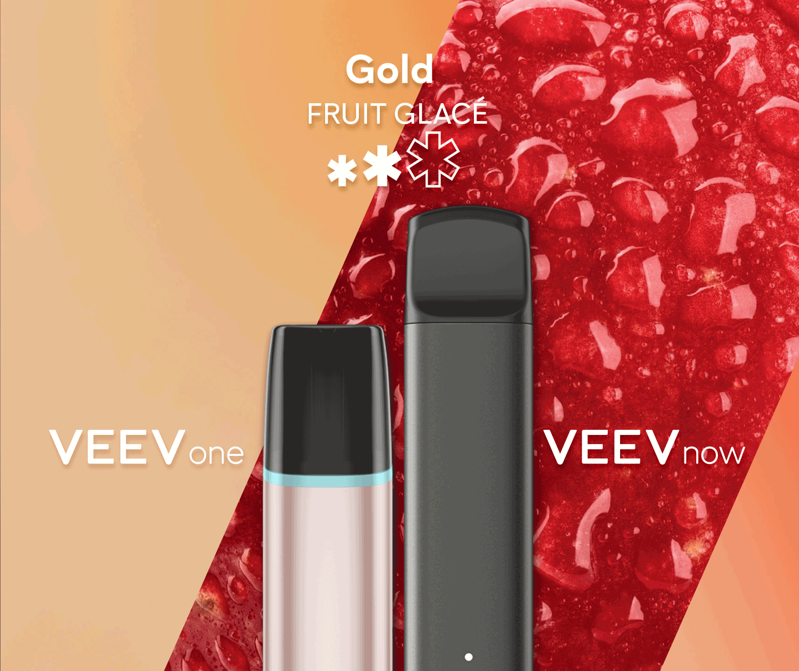 Un appareil à capsule VEEV ONE et un appareil jetable VEEV NOW, tous deux en saveur Gold.