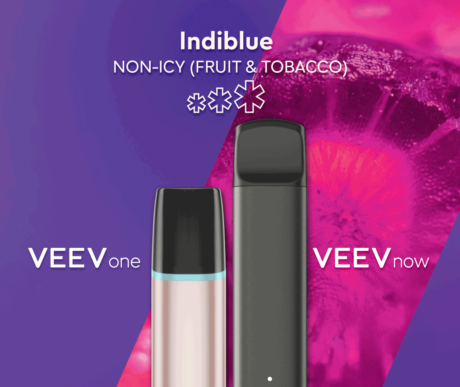 A VEEV ONE pod device and VEEV NOW disposable, both in Indiblue flavour.