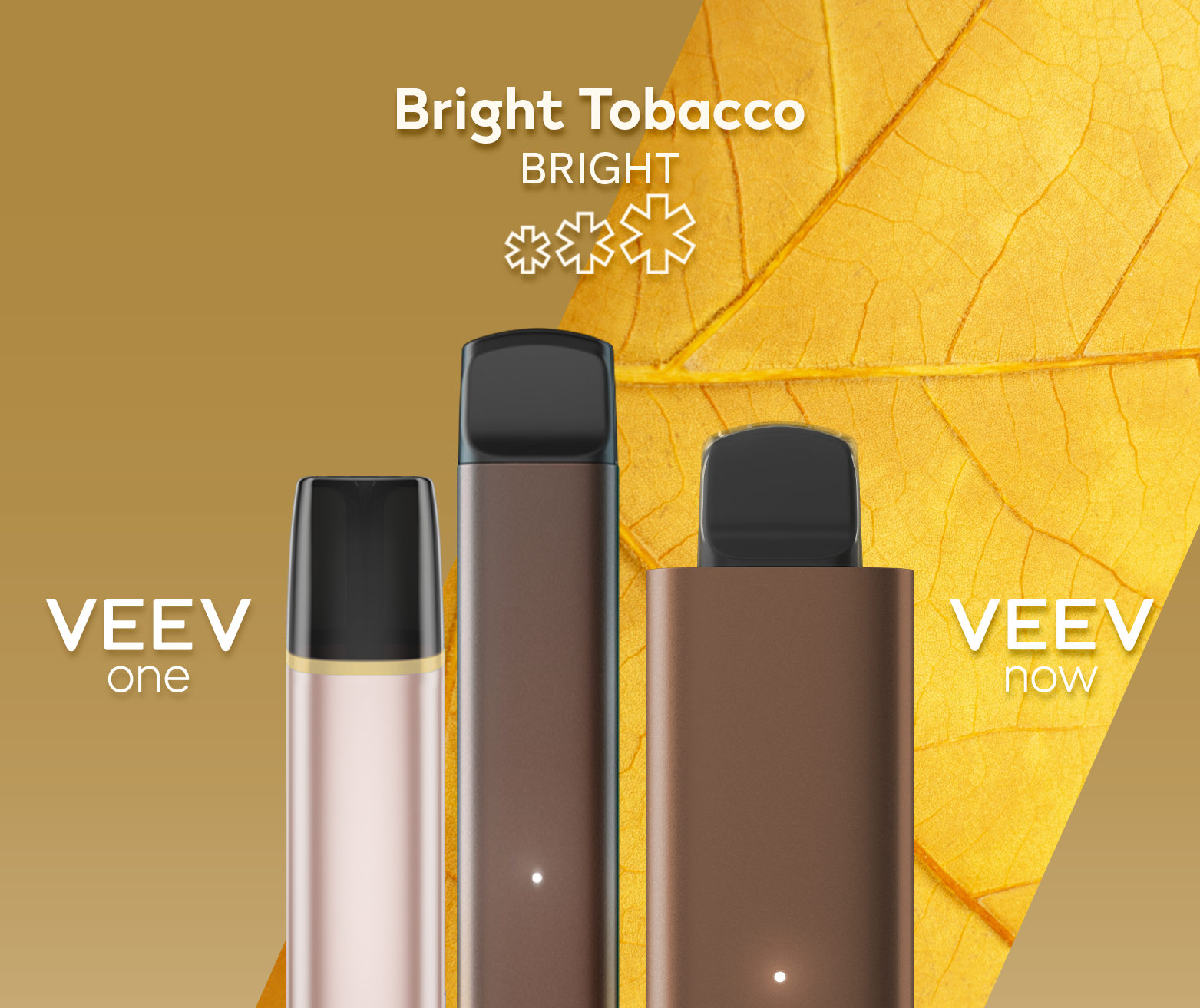 A VEEV ONE pod device and VEEV NOW disposable, both in Bright Tobacco flavour.