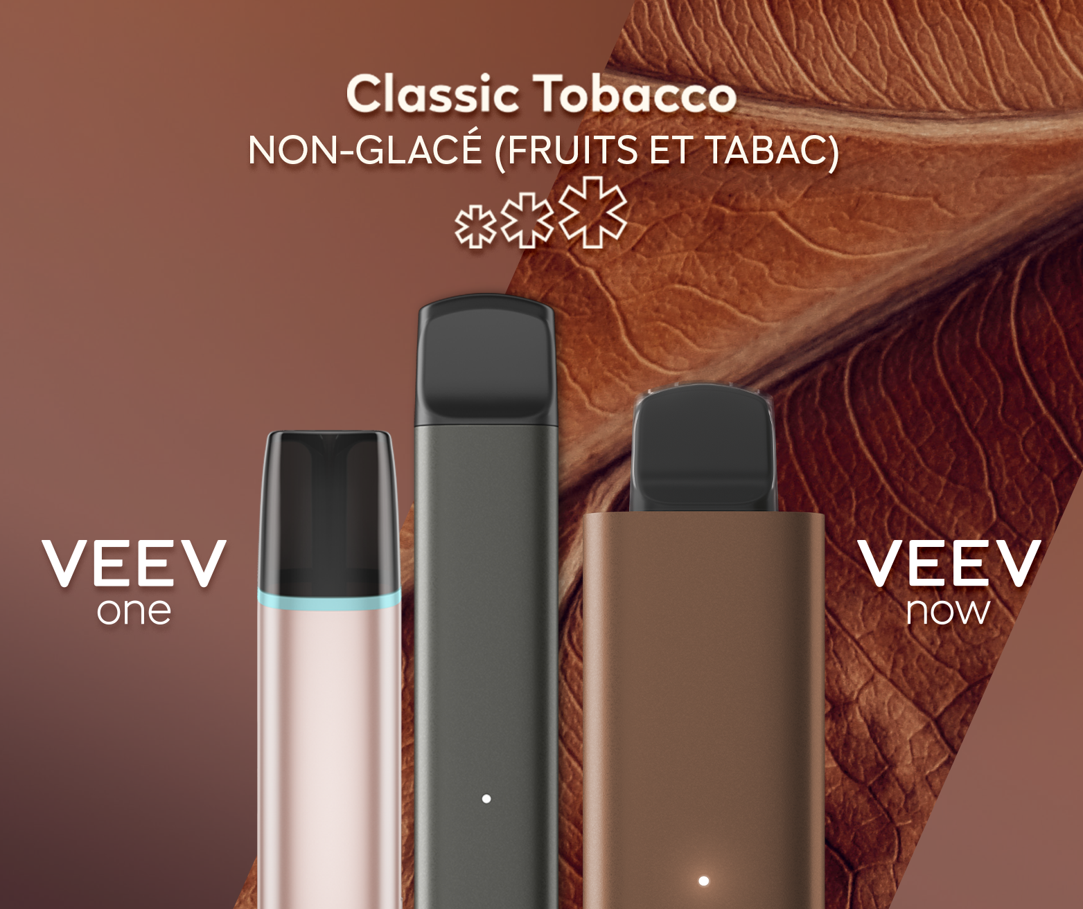 Un appareil à capsule VEEV ONE et un appareil jetable VEEV NOW, tous deux en saveur Classic Tobacco.