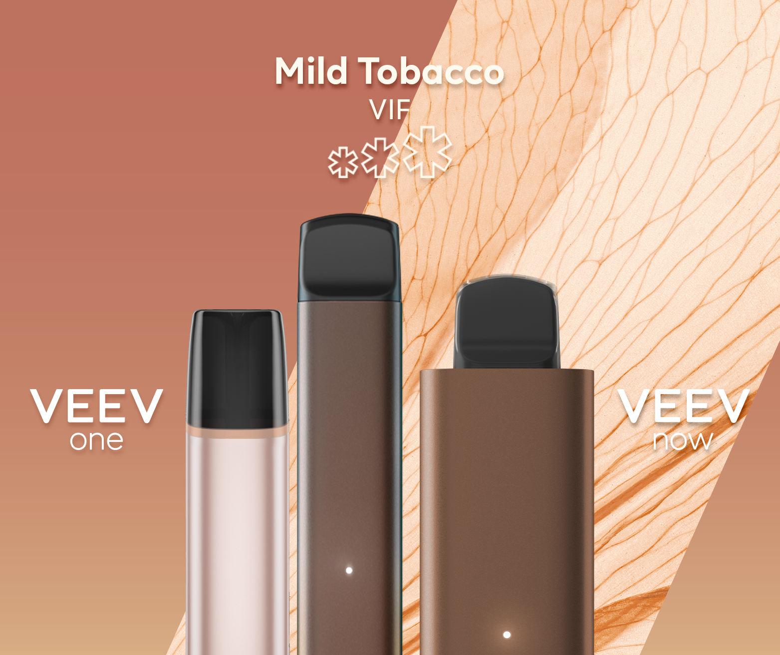 Un appareil à capsule VEEV ONE et un appareil jetable VEEV NOW, tous deux en saveur Mild Tobacco.