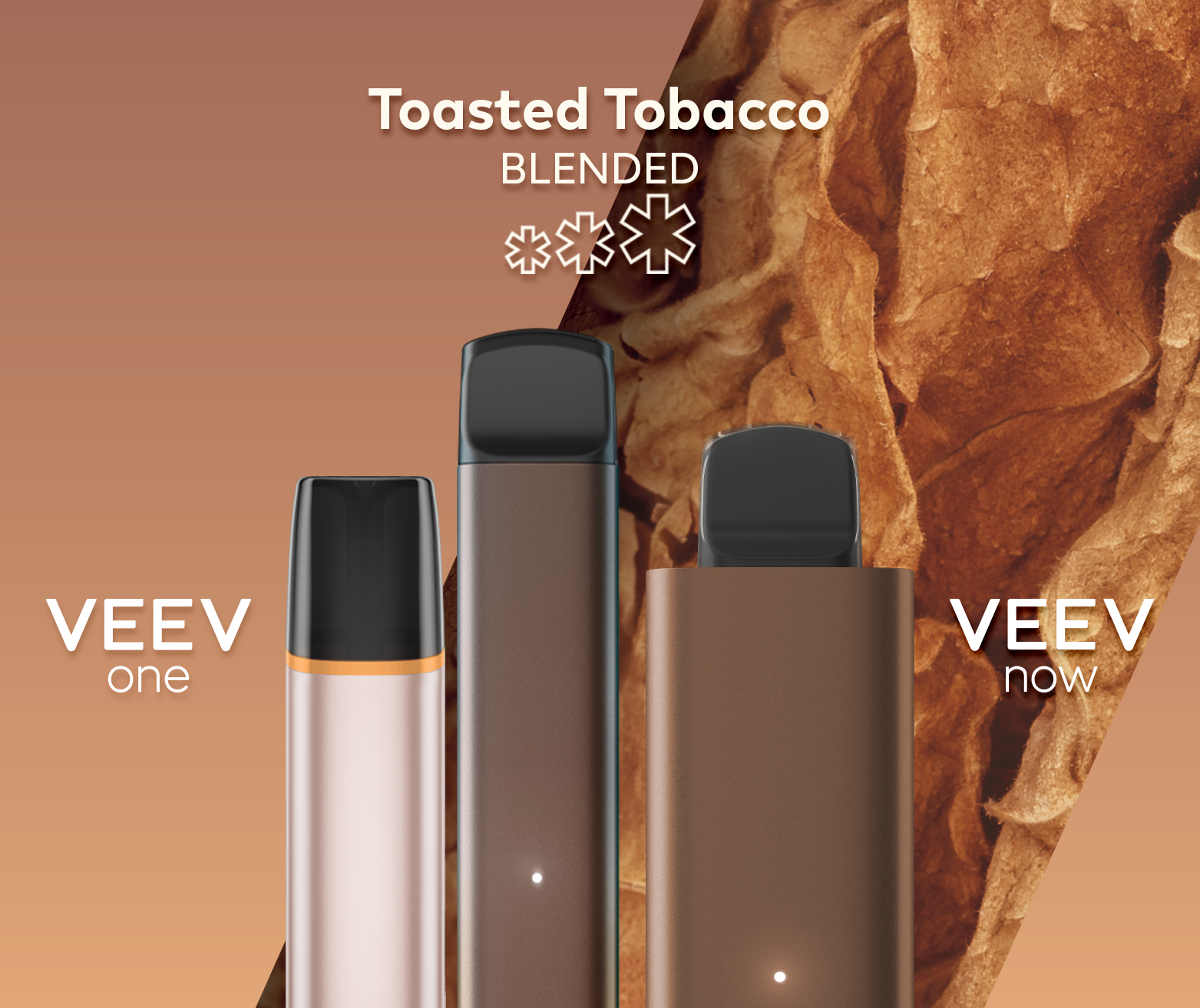 A VEEV ONE pod device and VEEV NOW disposable, both in Toasted Tobacco flavour.