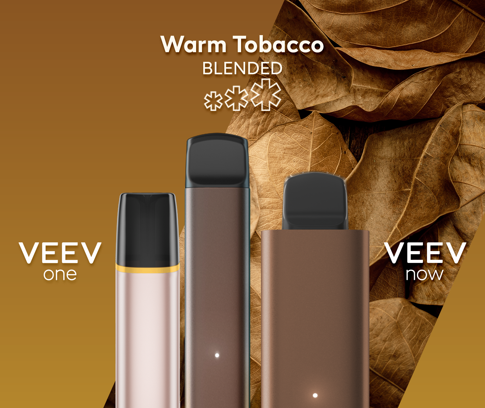 A VEEV ONE pod device and VEEV NOW disposable, both in Warm Tobacco flavour