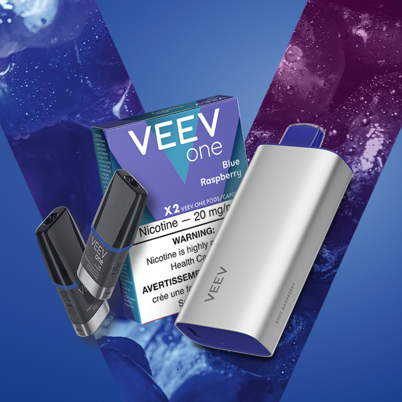 Pack of VEEV ONE Blue Raspberry pods and a VEEV NOW 18 mL disposable.