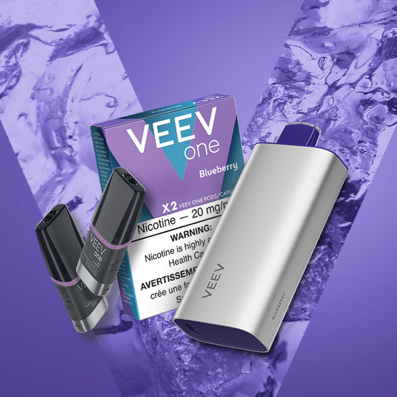 Pack of VEEV ONE Blueberry pods and a VEEV NOW 18 mL disposable.