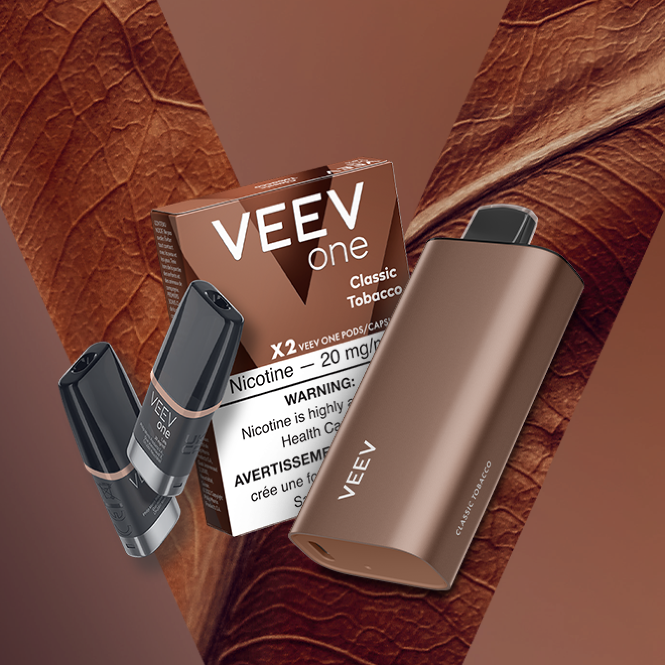 Pack of VEEV ONE Classic Tobacco pods and a VEEV NOW 18 mL disposable.