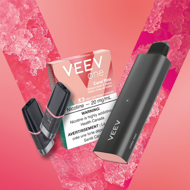 Pack of VEEV ONE Coral Pink pods and a VEEV NOW 5 mL disposable.