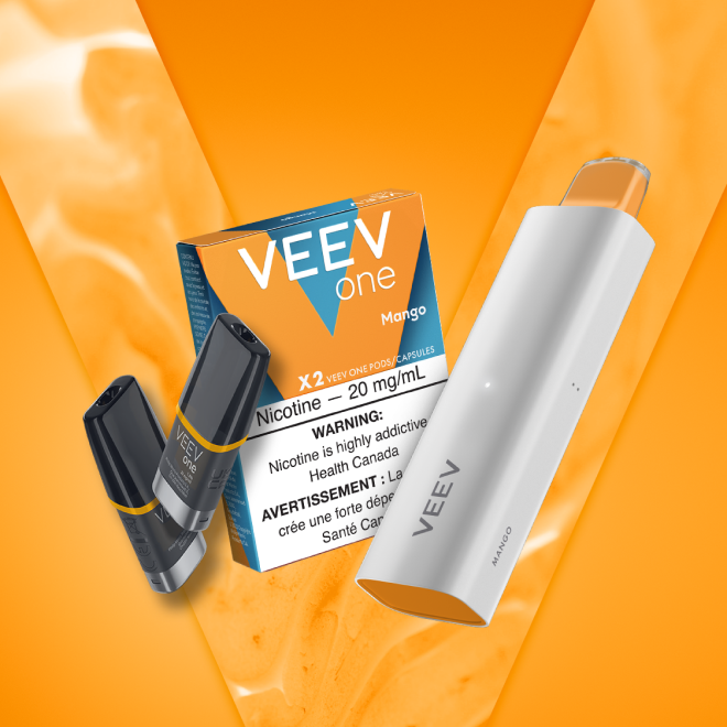 Pack of VEEV ONE Mango  pods and a VEEV NOW 5 mL disposable.