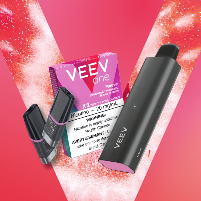 Pack of VEEV ONE Mauve and a VEEV NOW 5 mL disposable.