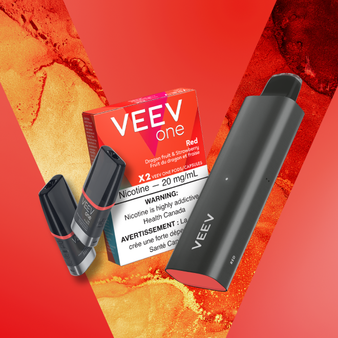 Pack of VEEV ONE Red pods and a VEEV NOW 5 mL disposable.