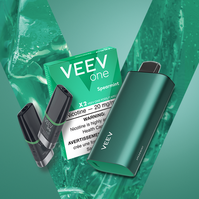 Pack of VEEV ONE Spearmint pods and a VEEV NOW 18 mL disposable.