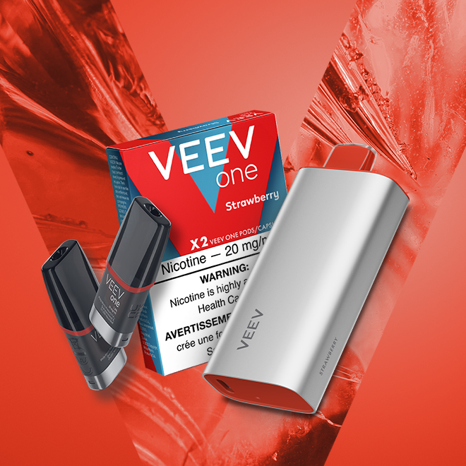 Pack of VEEV ONE Stawberry pods and a VEEV NOW 18 mL disposable.