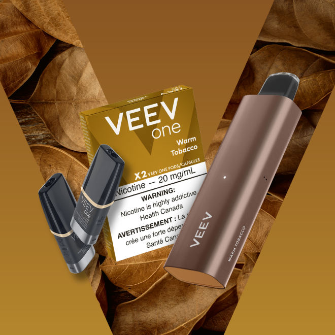 Pack of VEEV ONE Warm Tobacco pods and a VEEV NOW 5 mL disposable.