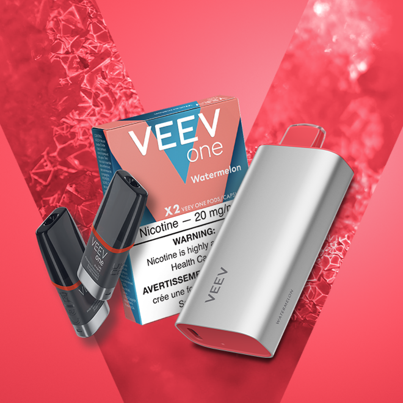 Pack of VEEV ONE watermelon pods and a VEEV NOW 18 mL disposable.