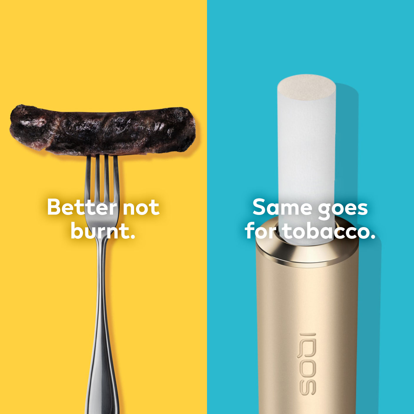 Burnt sausage on a fork compared to IQOS TEREA stick in an IQOS ILUMA holder.