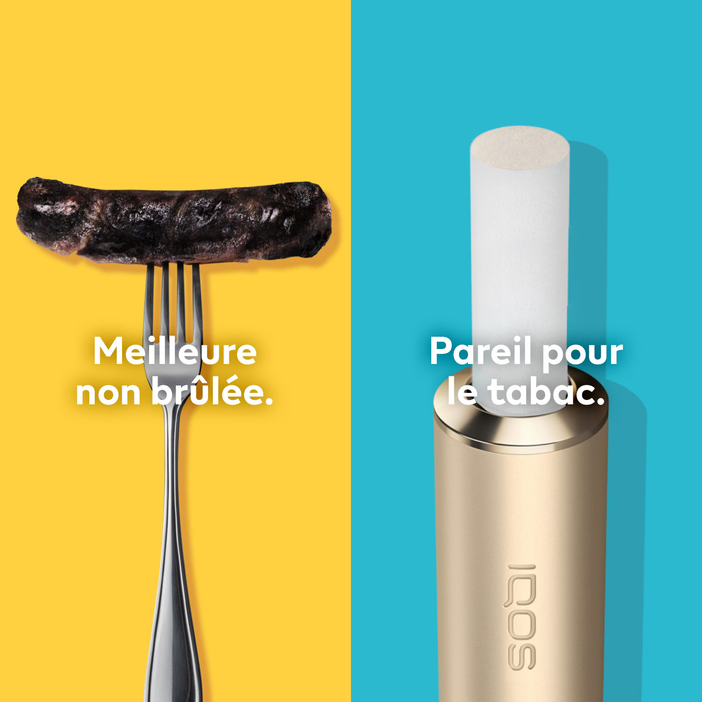 Une saucisse brûlée sur une fourchette comparée à un bâtonnet d’IQOS TEREA dans un support d’IQOS ILUMA.