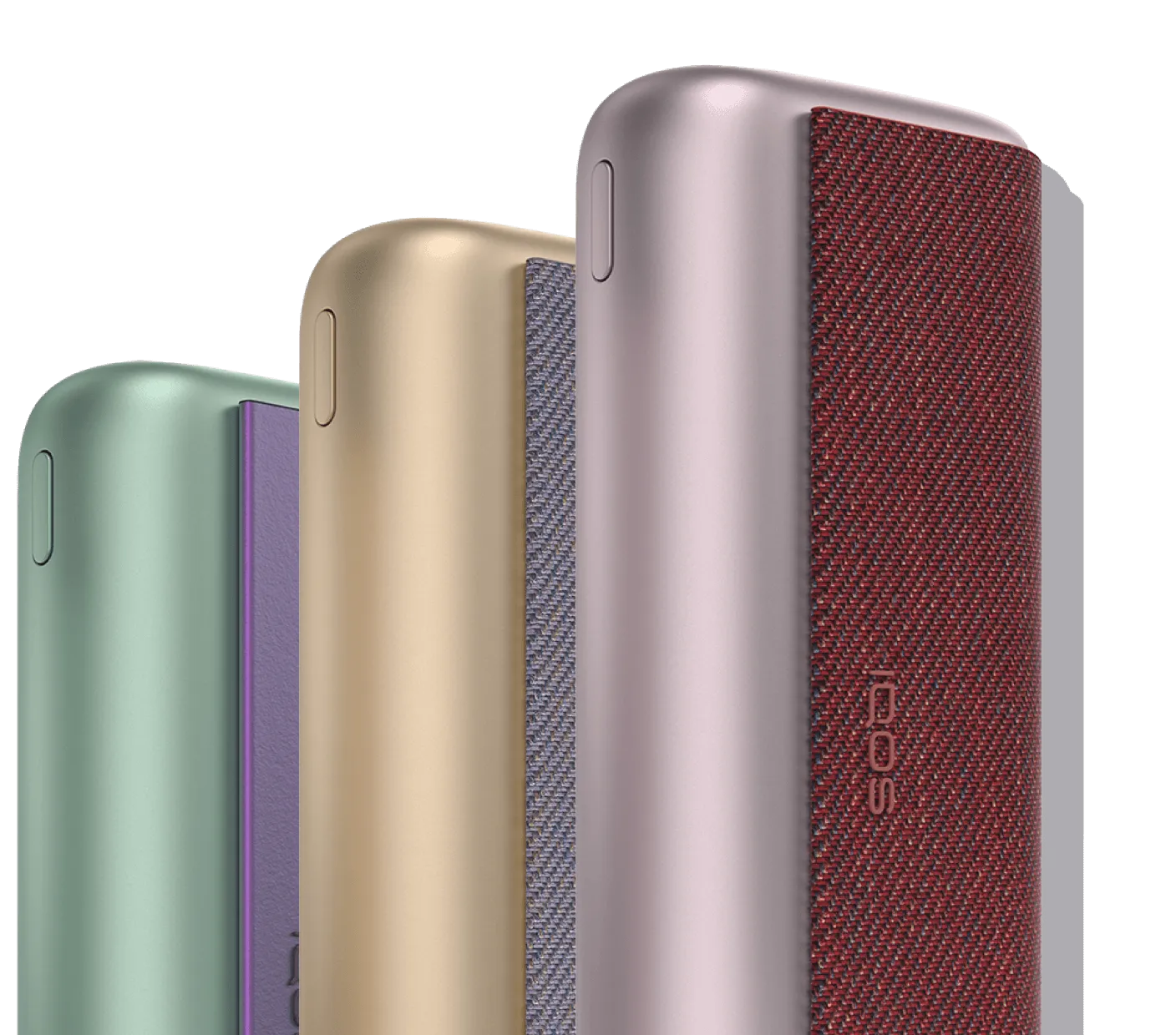 Three IQOS ILUMA PRIME devices: jade green, gold khaki and bronze taupe.