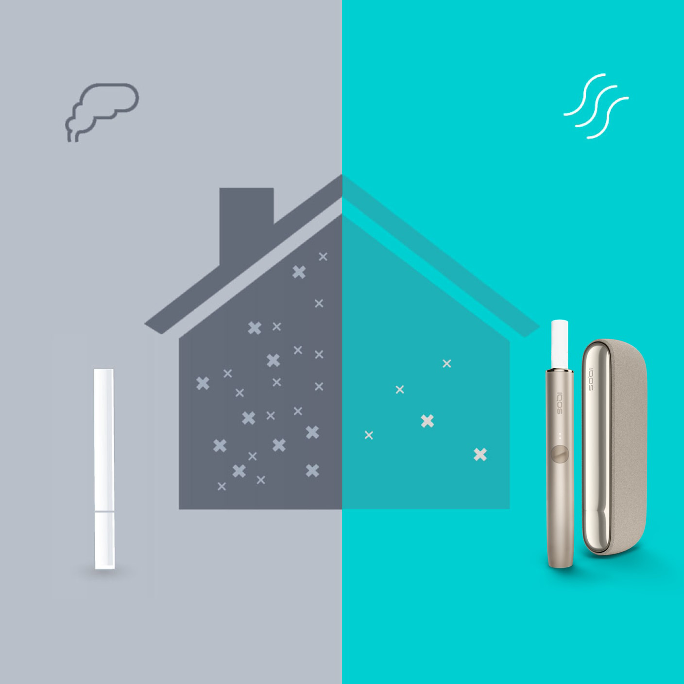 Illustration contrasting cigarette smoke versus IQOS.