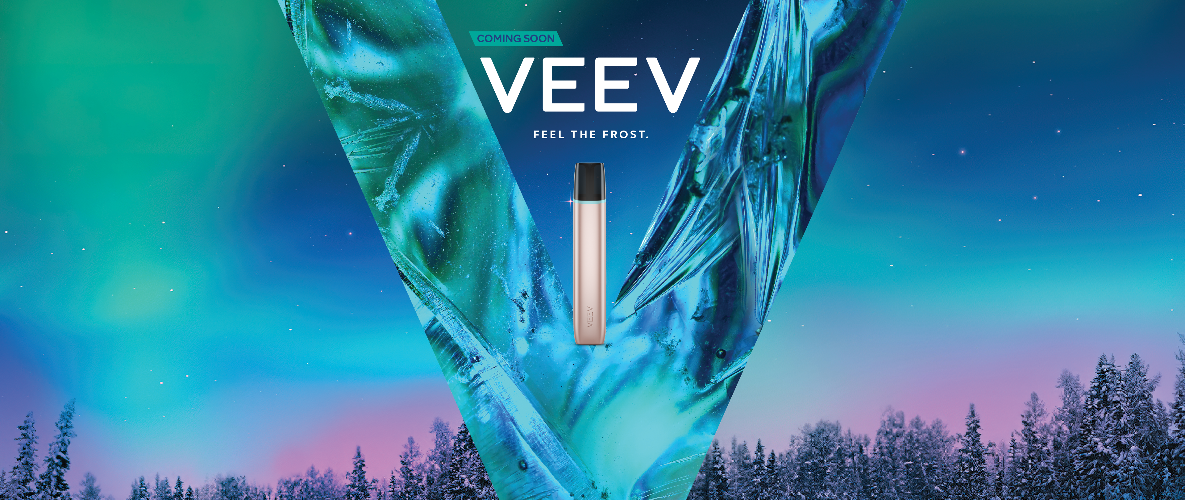 Brand new VEEV ONE device in front of a blue background, under a tagline saying FEEL THE FROST.