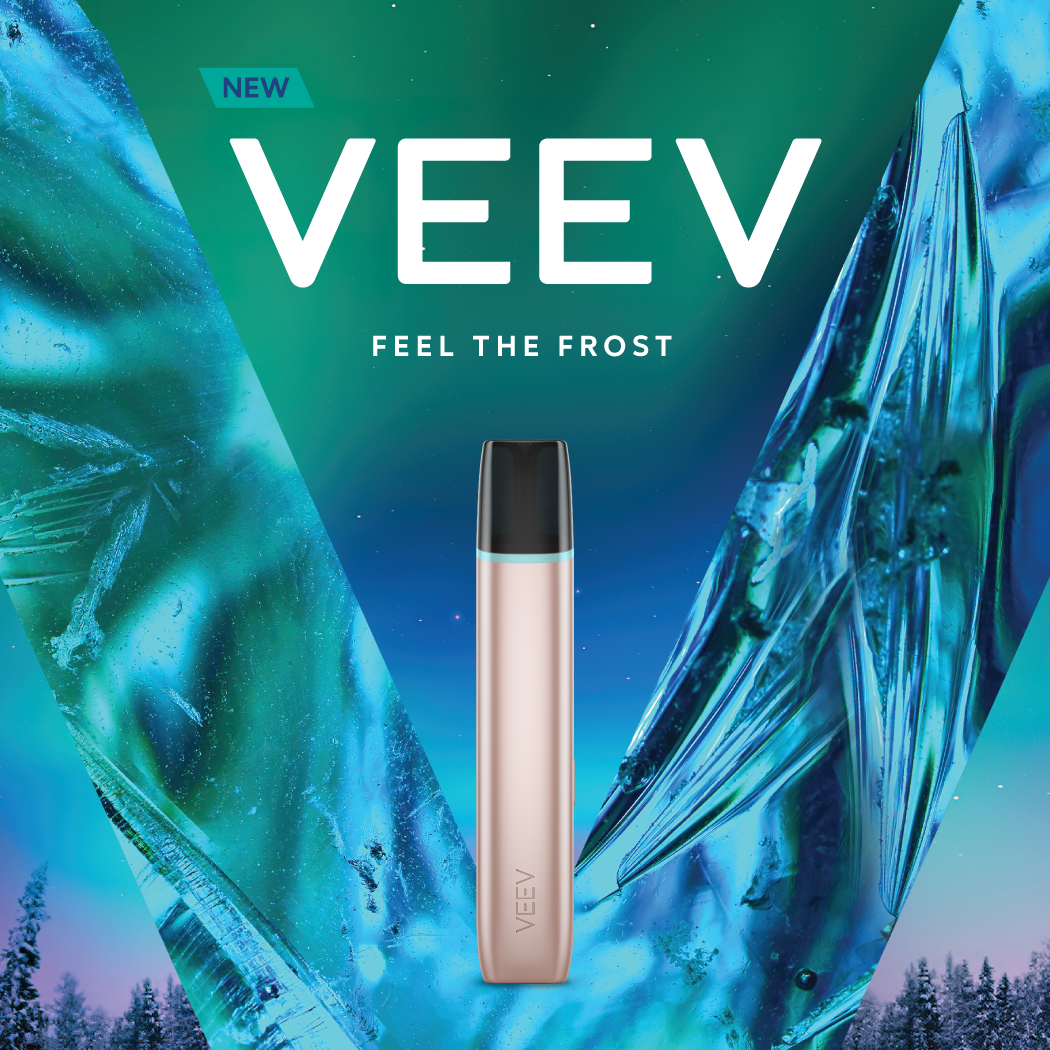 VEEV vaping devices in 5 colors on blue background