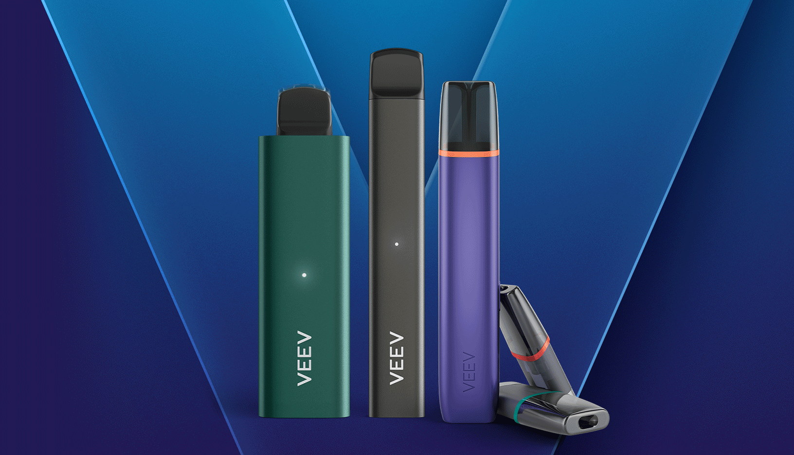 VEEV vaping devices in 5 colors on blue background