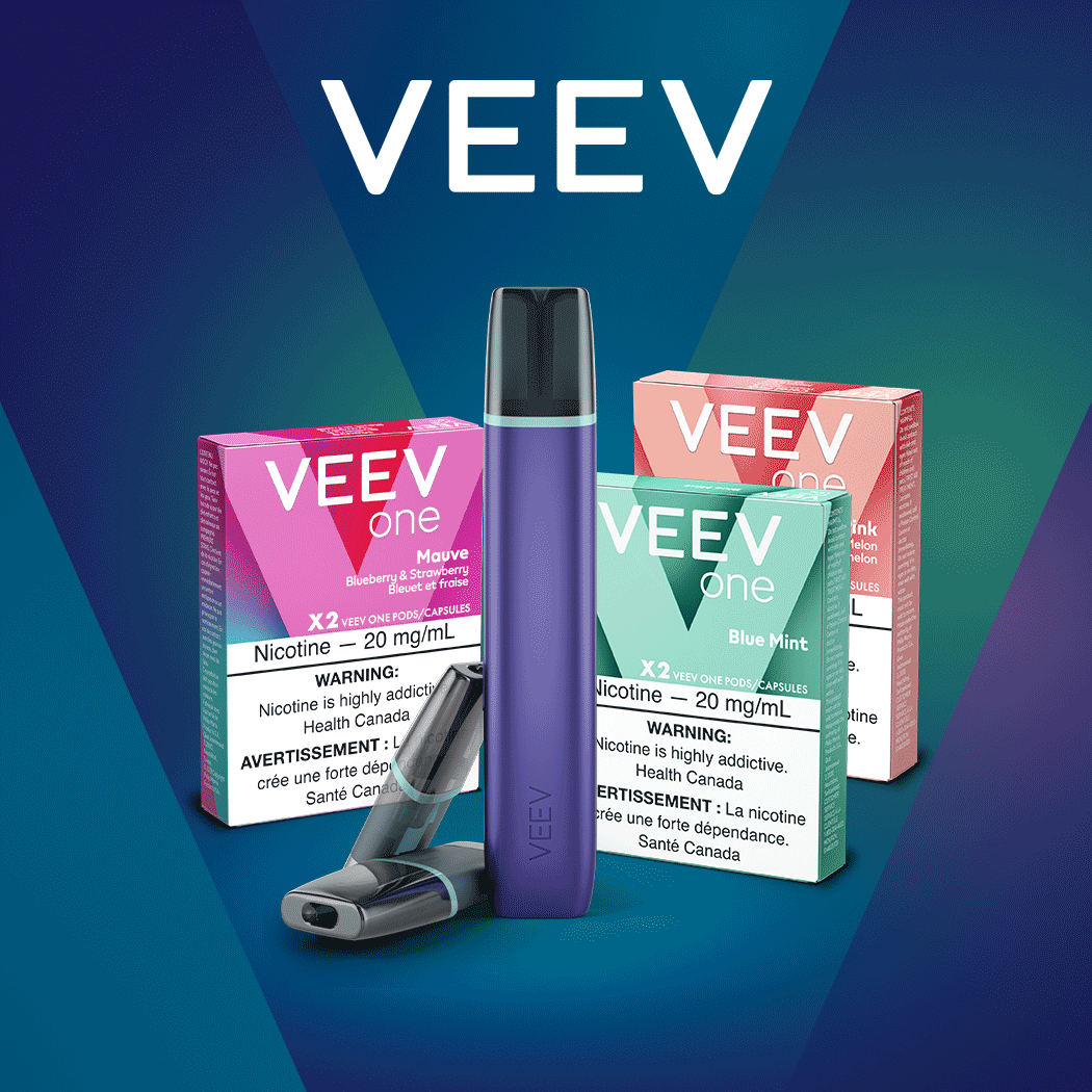 VEEV vaping devices in 5 colors on blue background